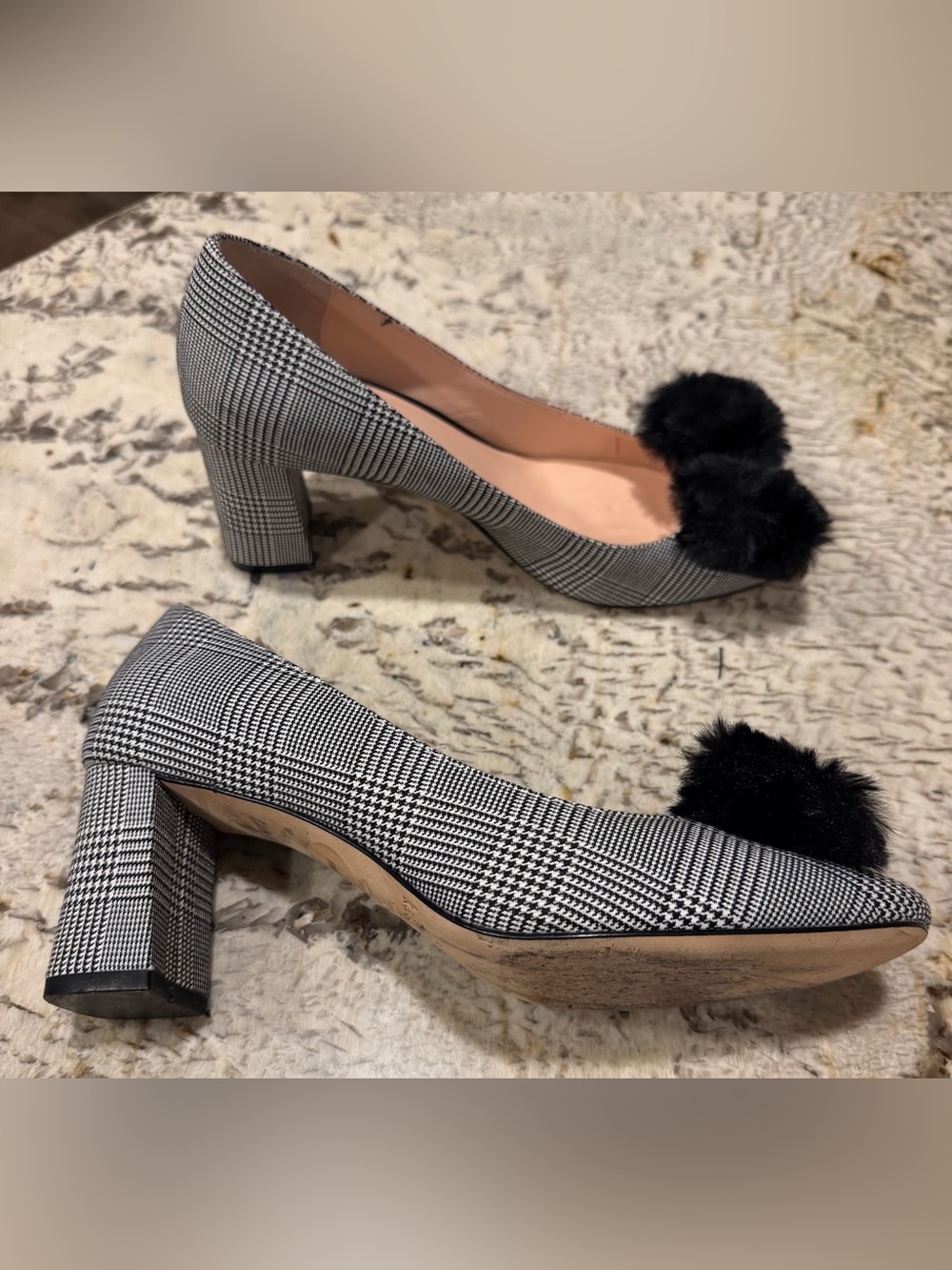 kate spade Black-and-White Herringbone Plaid Block Heel Pumps Black Fur Carine